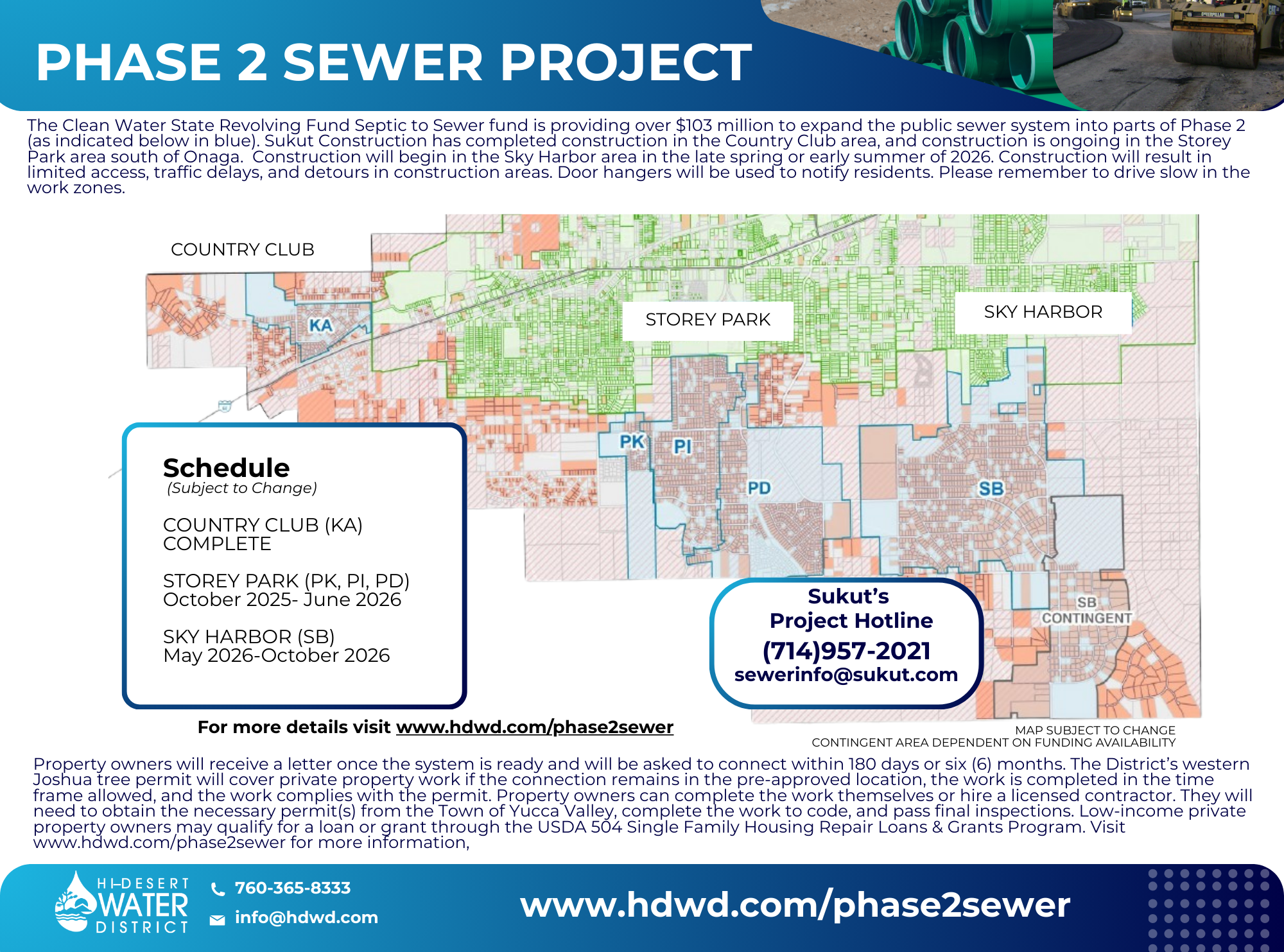 MAP OF PHASE 2 SEWER AREA WITH TIMELINES AND CONTACT INFORMATION