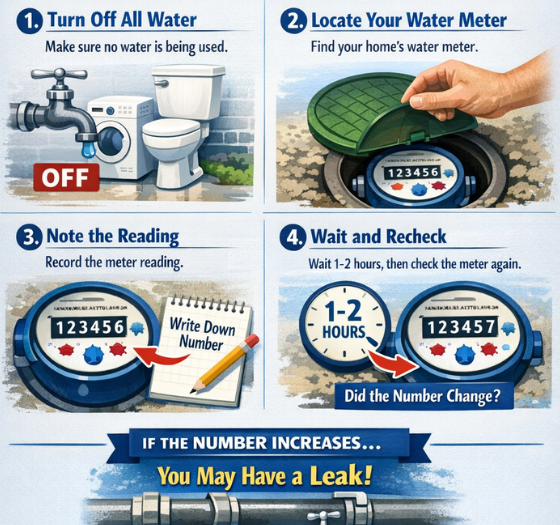 water leak finder image with visual steps of checking for a leak